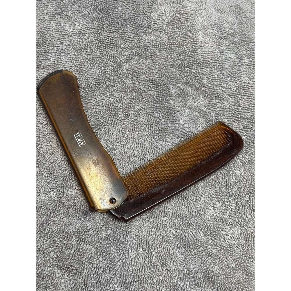 Vintage Avon Folding Pocket Comb Amber Brown Faux Tortoiseshell Travel Grooming